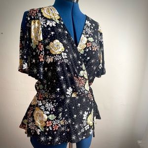 Dark Floral Wrap Top with Split Flutter Short Sleeves